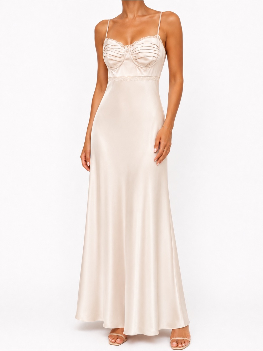 Astr Cream Satin Maxi Dress with Ruched Bust